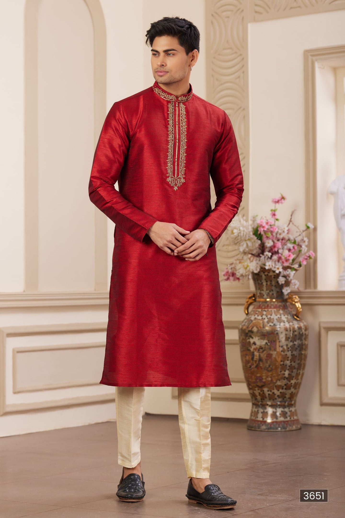 Dark Red Art Silk Kurta Set for Men & Pajama with Plain Handwork