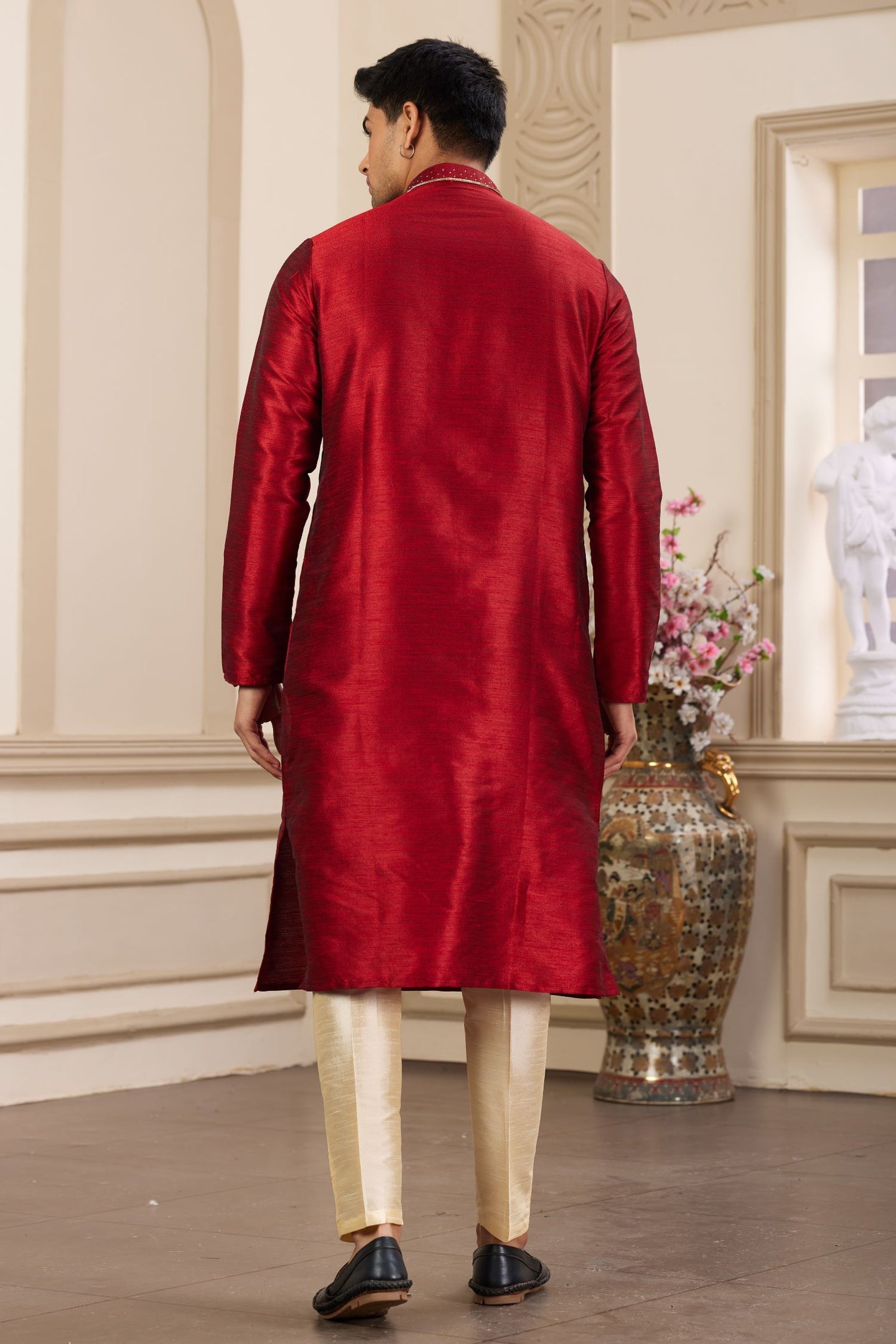 Dark Red Art Silk Kurta Set for Men & Pajama with Plain Handwork