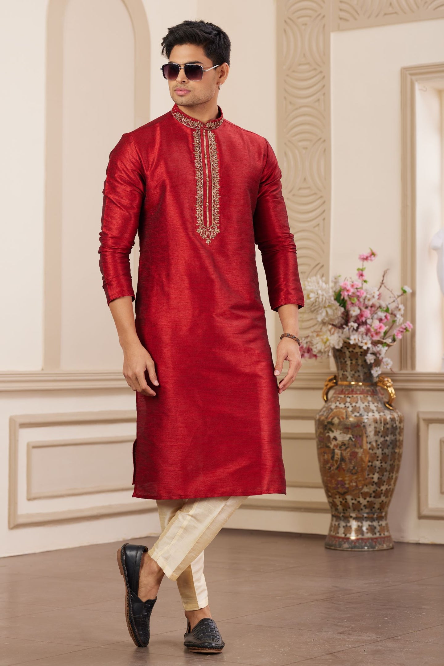 Dark Red Art Silk Kurta Set for Men & Pajama with Plain Handwork