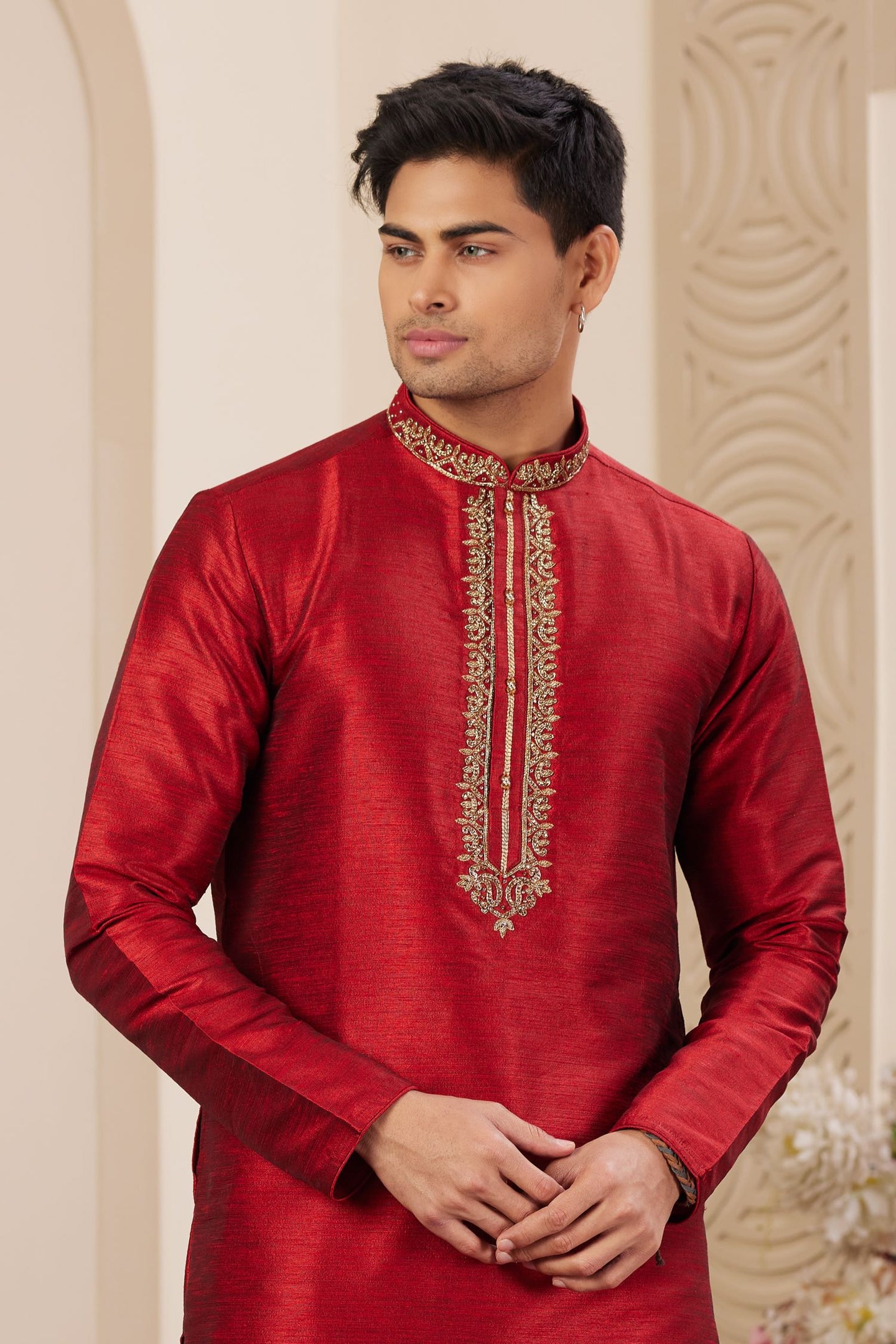 Dark Red Art Silk Kurta Set for Men & Pajama with Plain Handwork