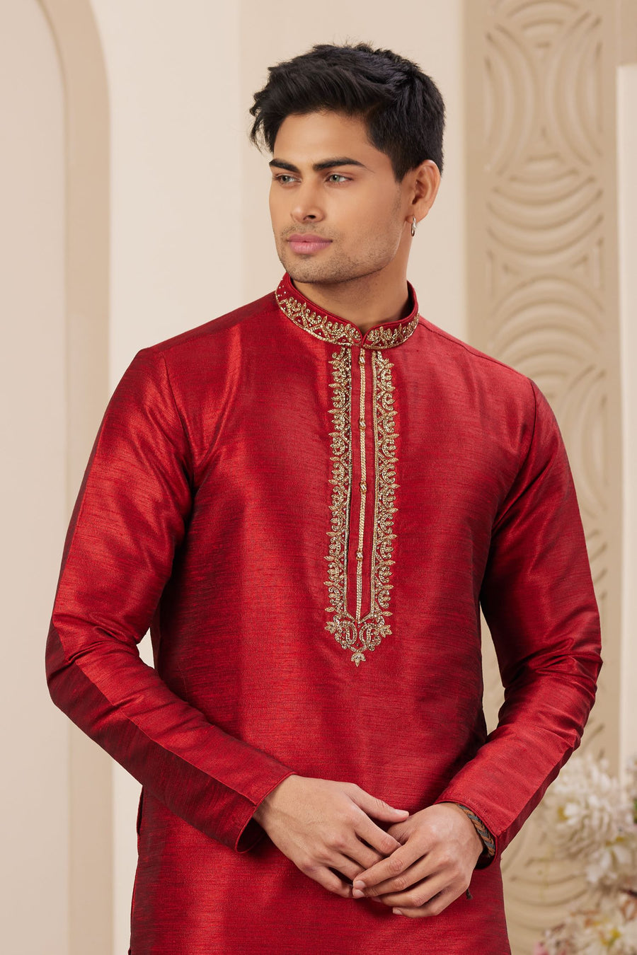 Dark Red Art Silk Kurta Set for Men & Pajama with Plain Handwork