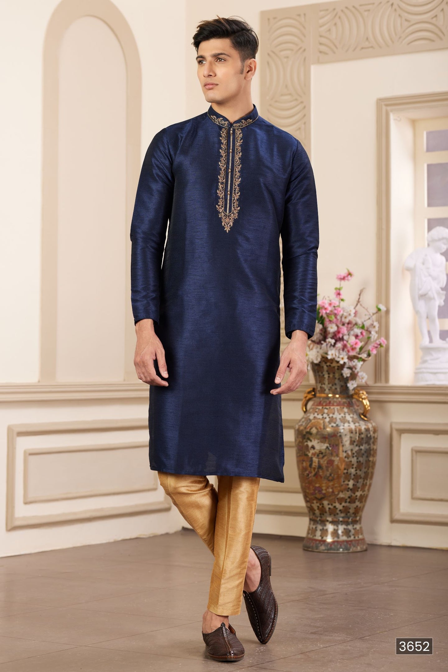 Light Navy Blue Art Silk Handwork Kurta and Pajama for Men