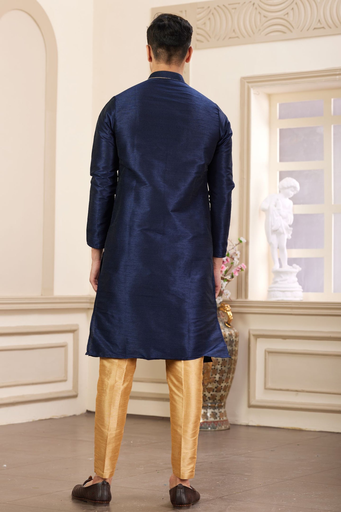 Light Navy Blue Art Silk Handwork Kurta and Pajama for Men