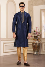 Light Navy Blue Art Silk Handwork Kurta and Pajama for Men