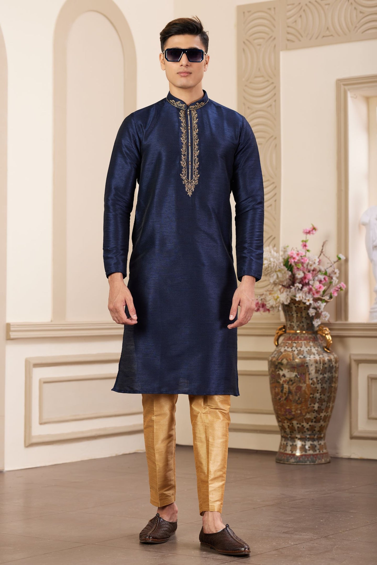 Light Navy Blue Art Silk Handwork Kurta and Pajama for Men
