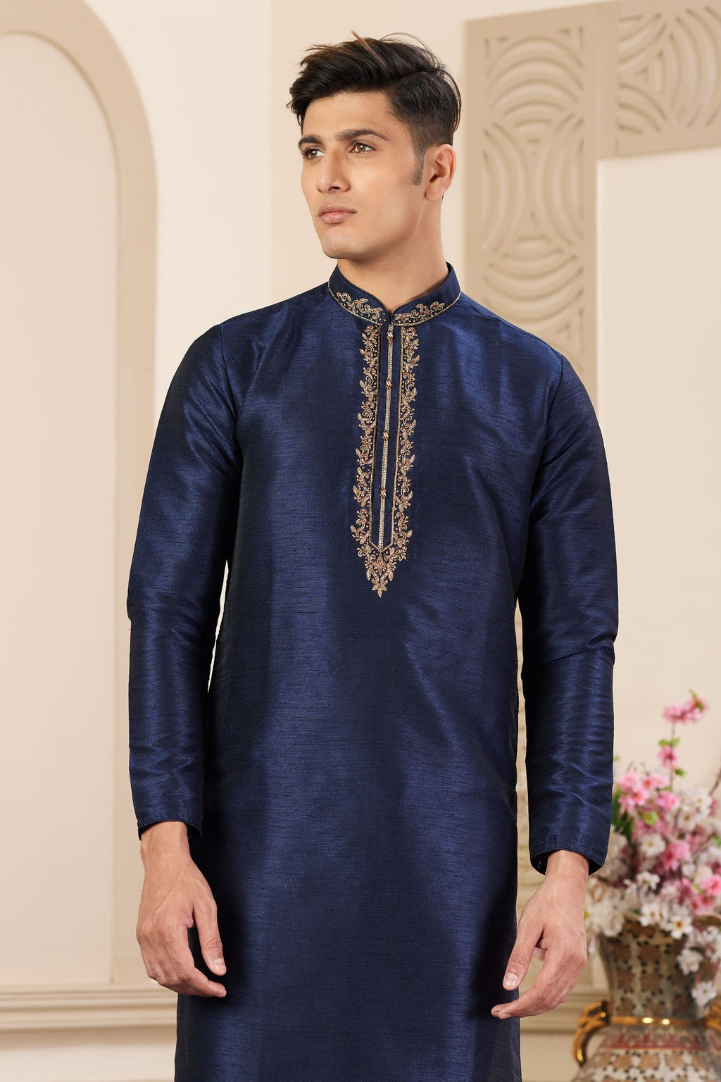 Light Navy Blue Art Silk Handwork Kurta and Pajama for Men