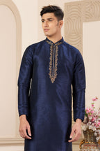Light Navy Blue Art Silk Handwork Kurta and Pajama for Men