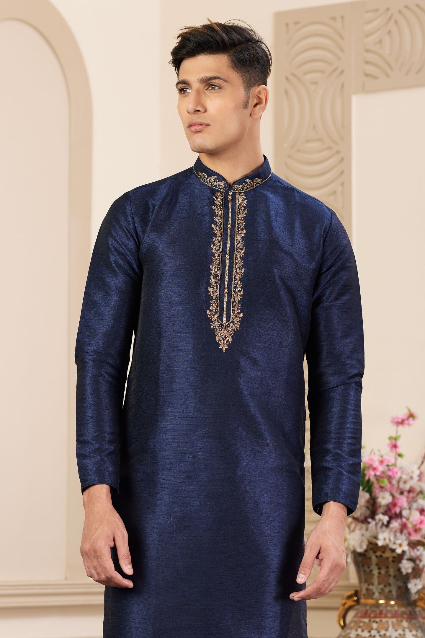 Light Navy Blue Art Silk Handwork Kurta and Pajama for Men