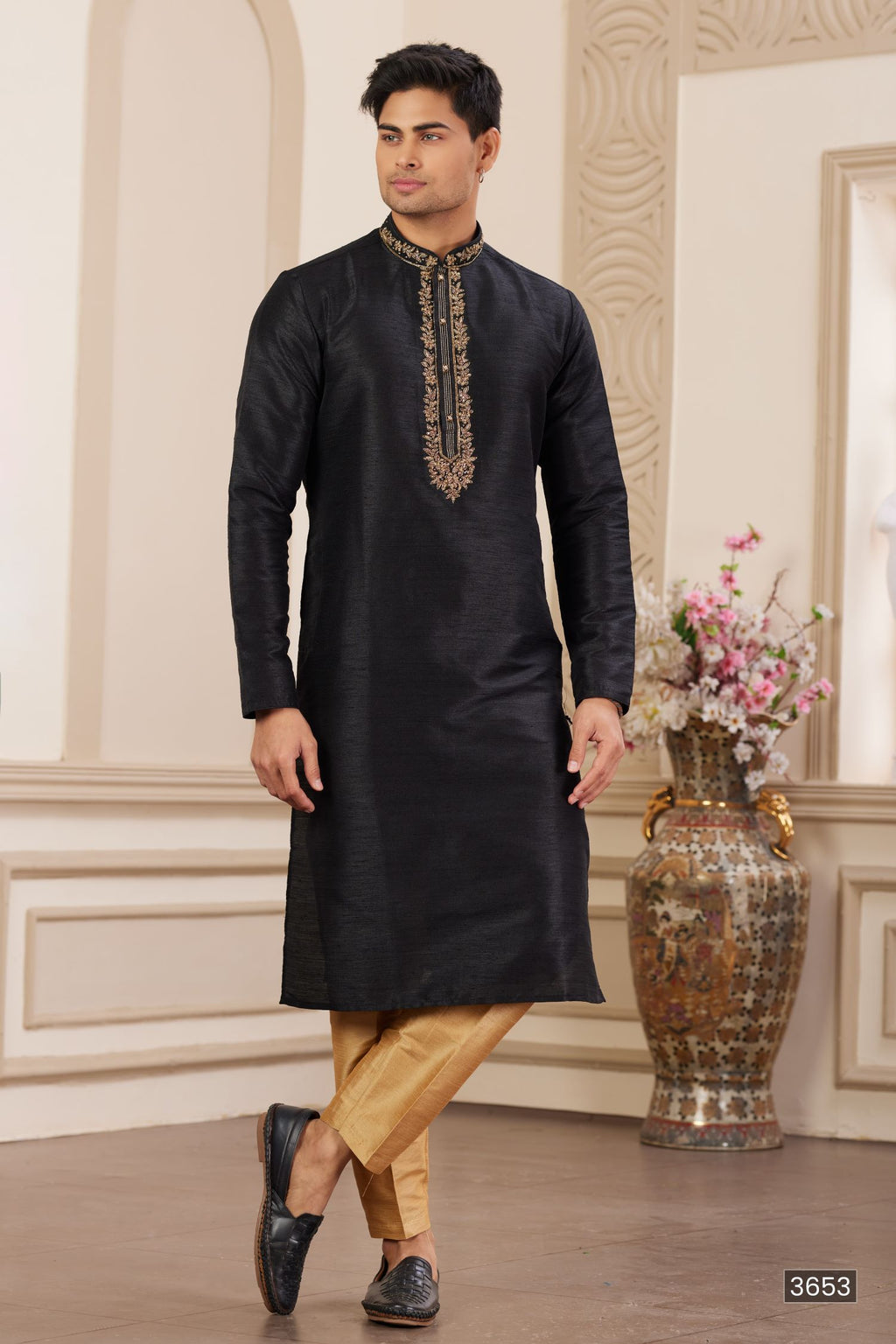 Bluish Black Art Silk Handwork Kurta Pajama for Male