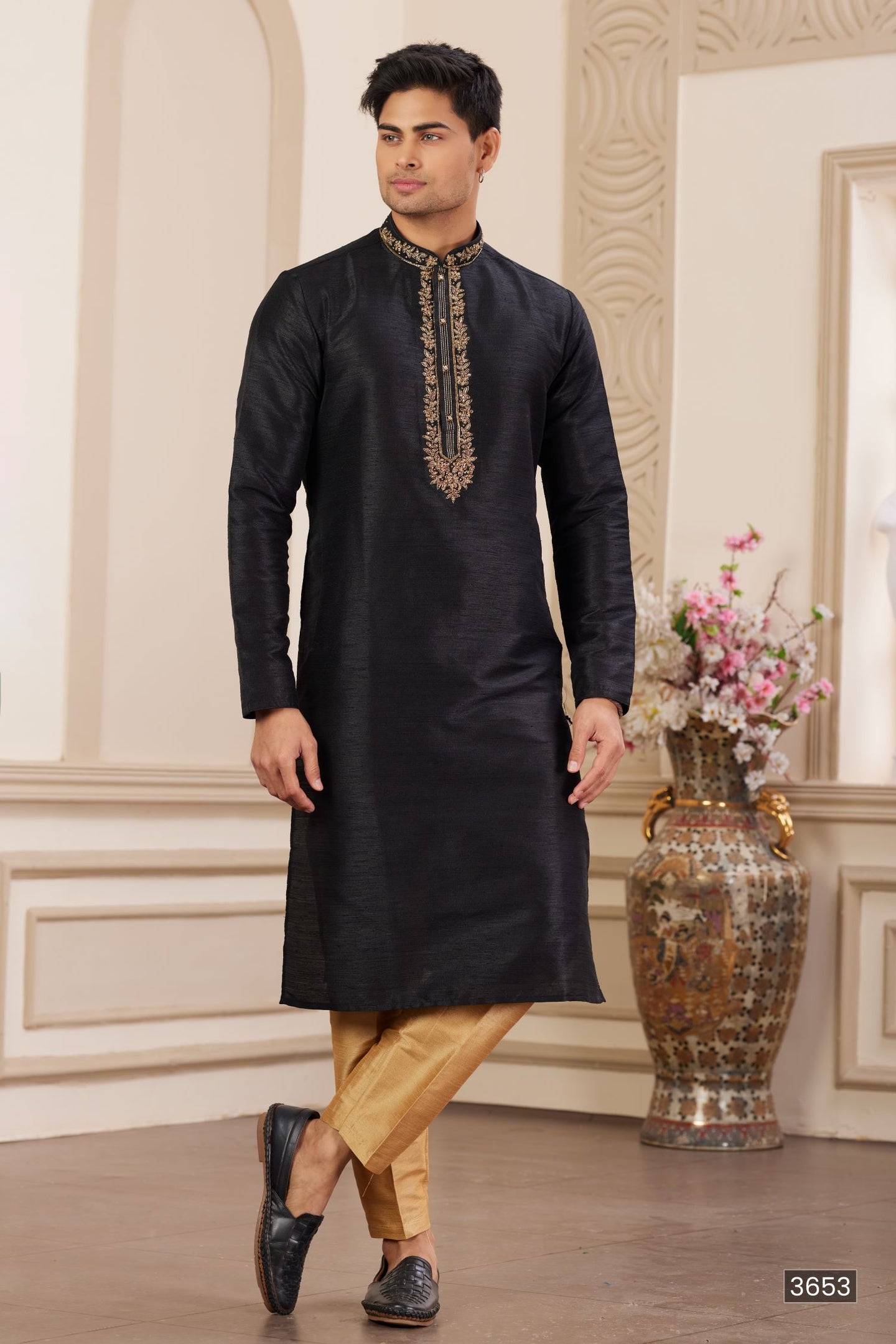 Bluish Black Art Silk Handwork Kurta Pajama for Male