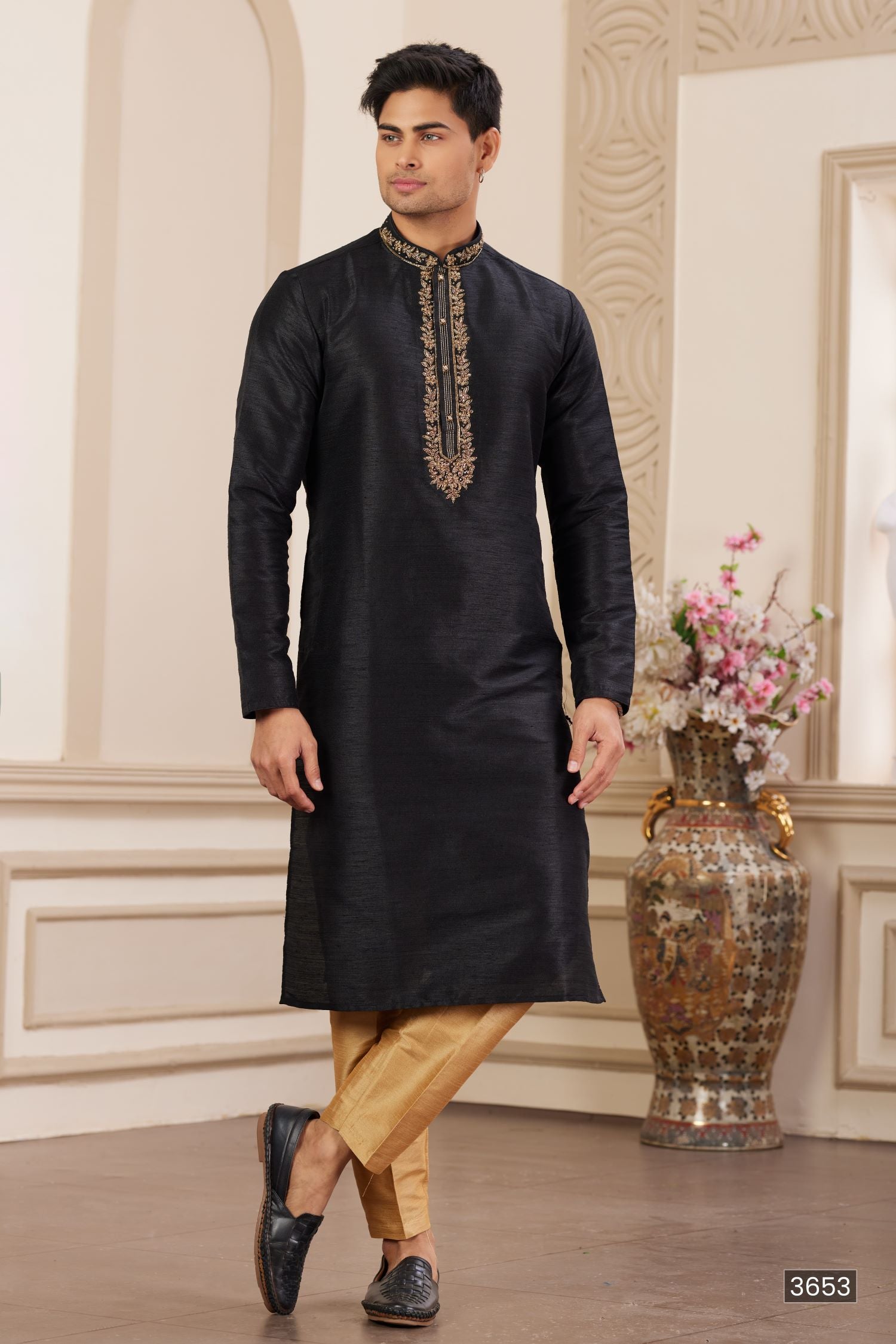 Bluish Black Art Silk Handwork Kurta Pajama for Male