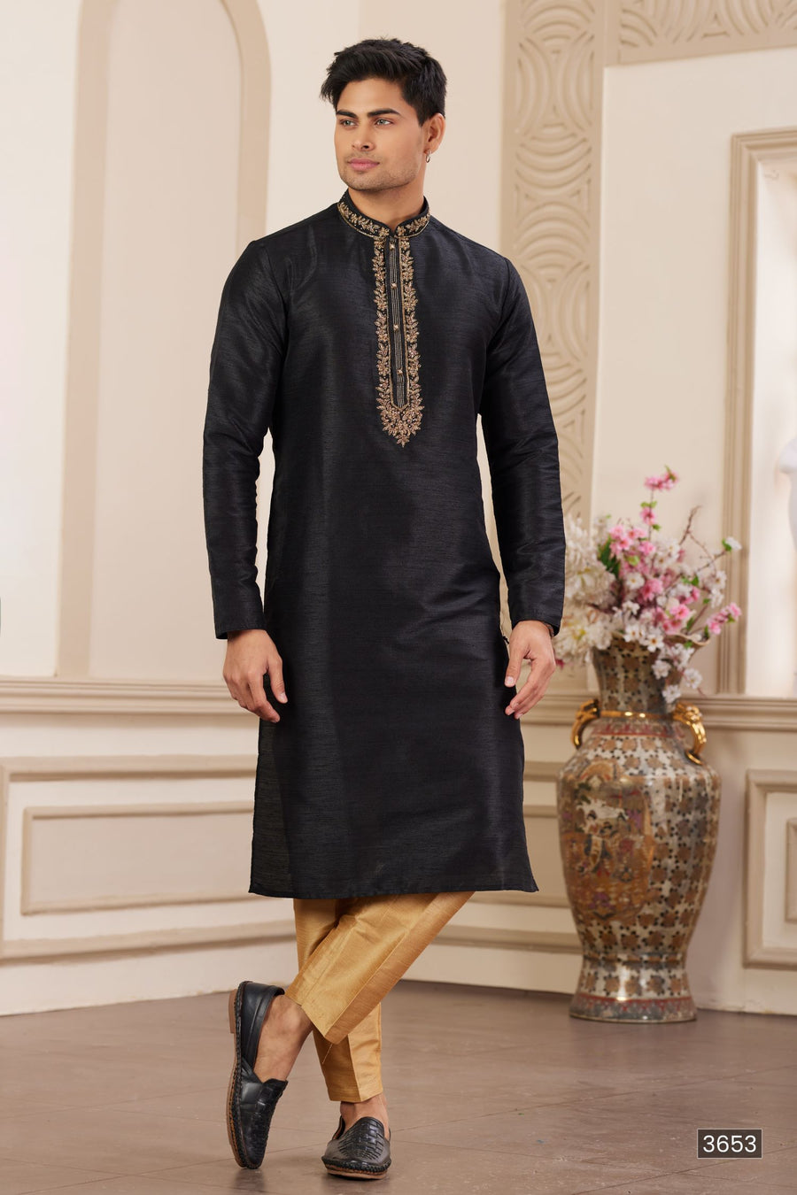 Bluish Black Art Silk Handwork Kurta Pajama for Male