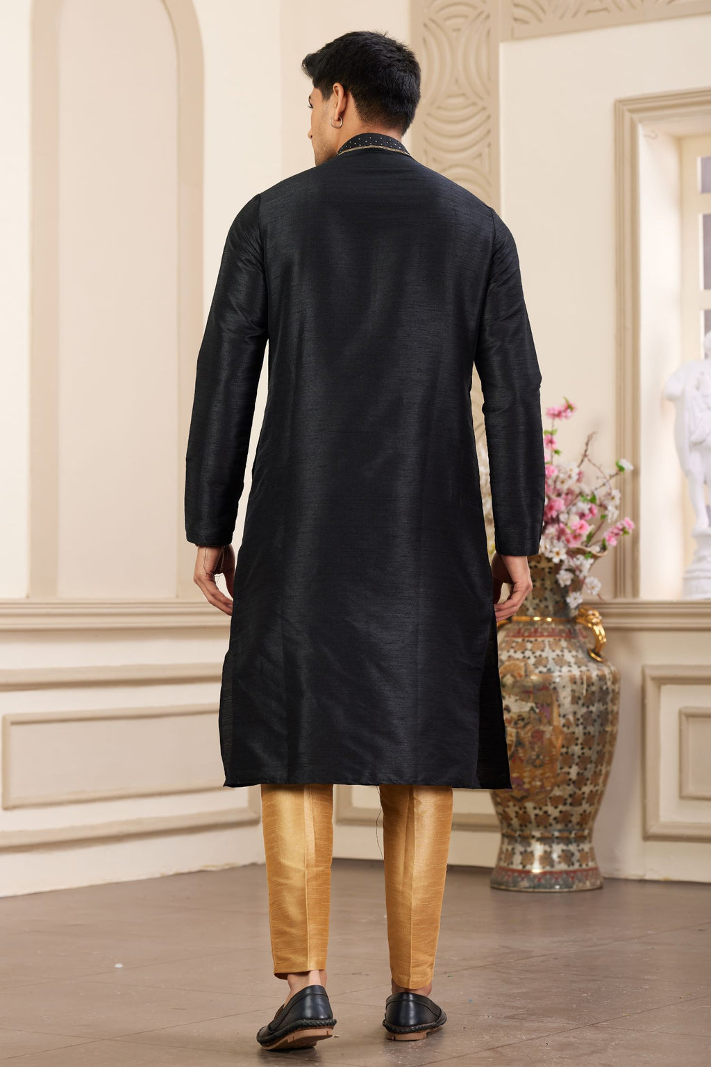 Bluish Black Art Silk Handwork Kurta Pajama for Male