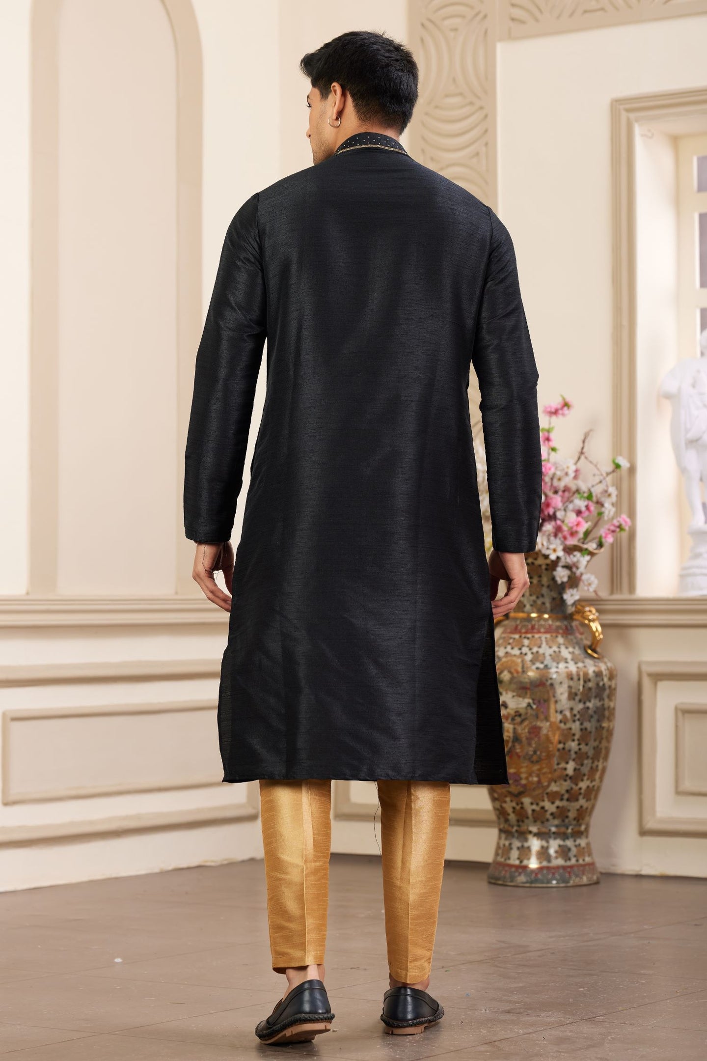 Bluish Black Art Silk Handwork Kurta Pajama for Male