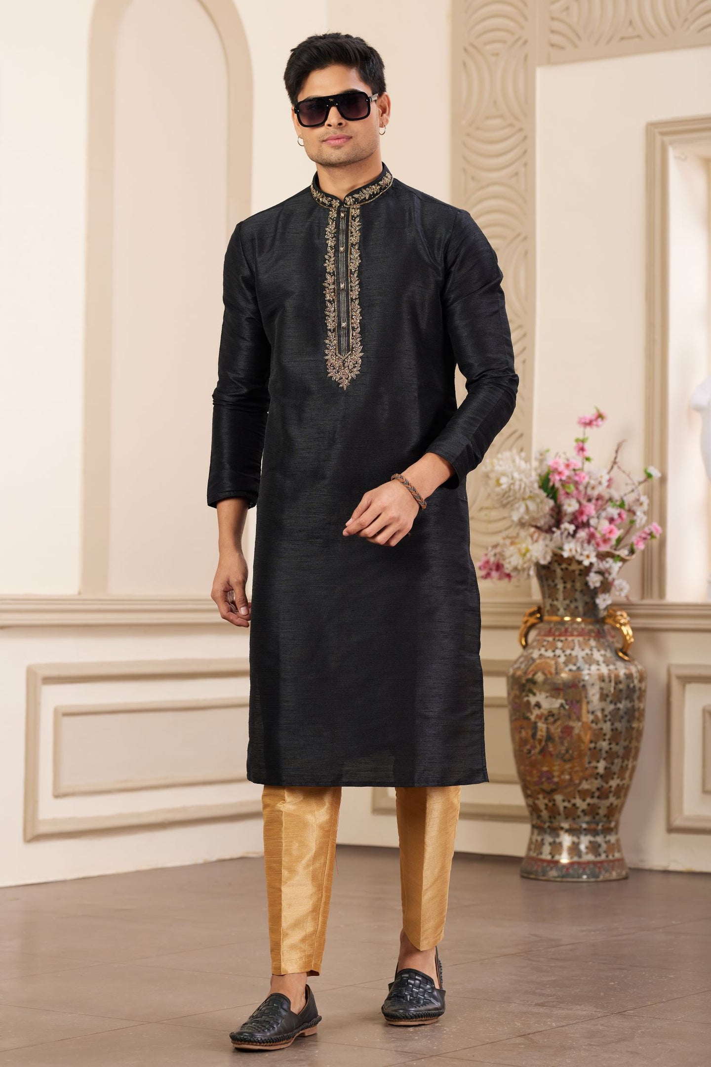 Bluish Black Art Silk Handwork Kurta Pajama for Male