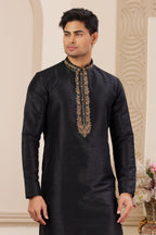 Bluish Black Art Silk Handwork Kurta Pajama for Male