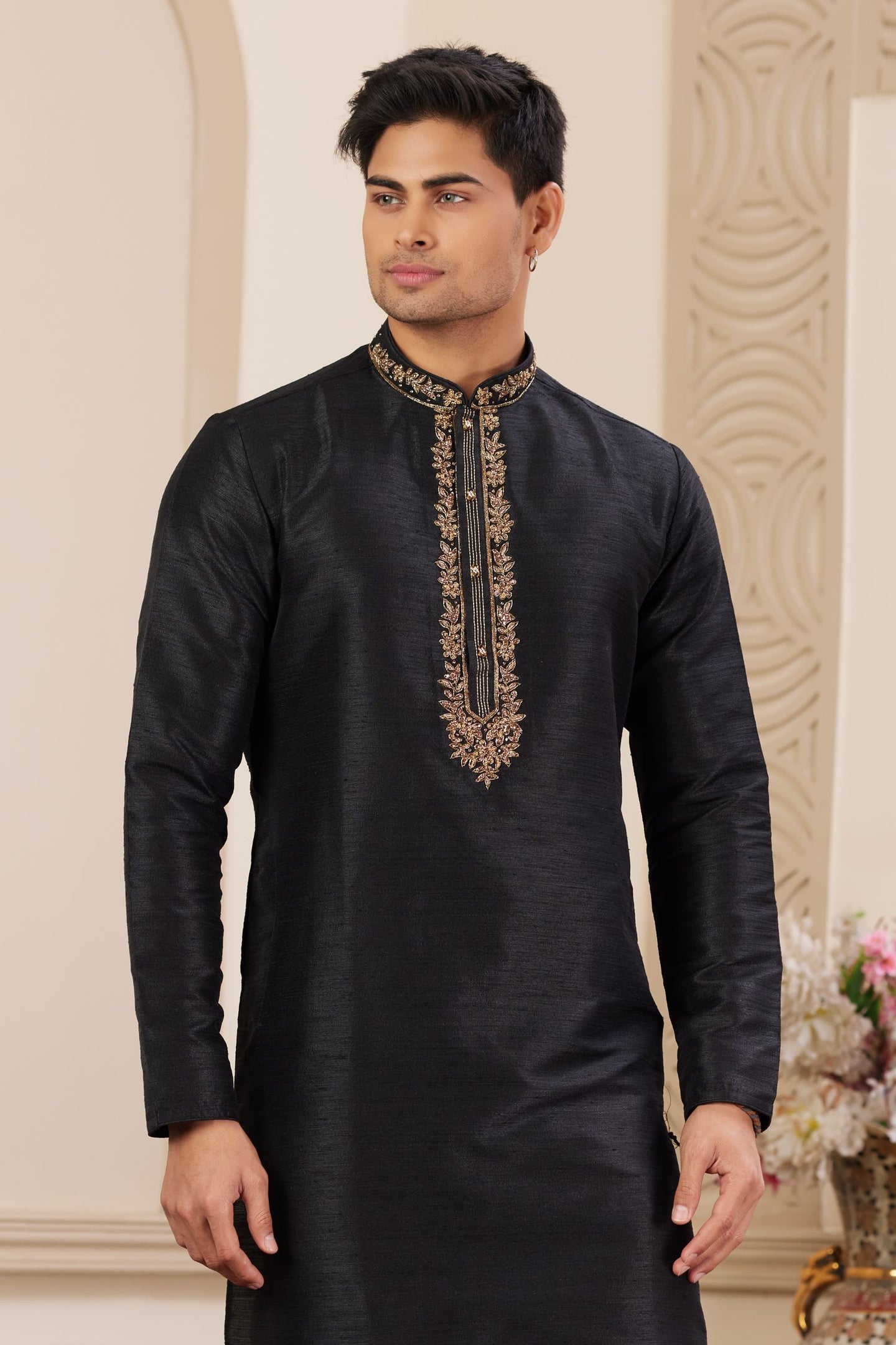 Bluish Black Art Silk Handwork Kurta Pajama for Male