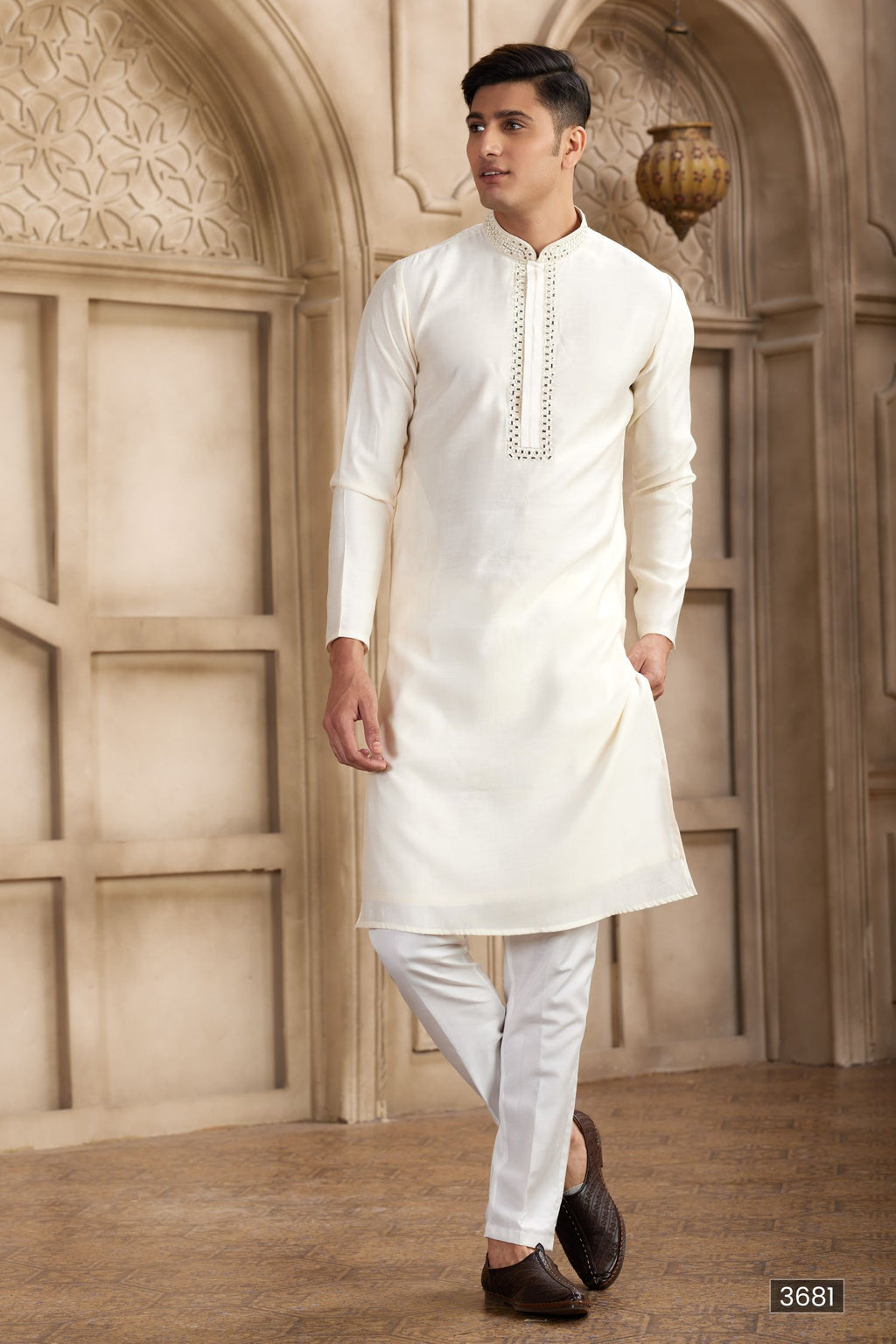 Light Cream Art Silk Kurta Pajama Clothes with Real Mirror Work