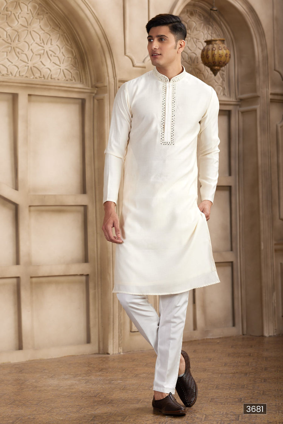 Light Cream Art Silk Kurta Pajama Clothes with Real Mirror Work