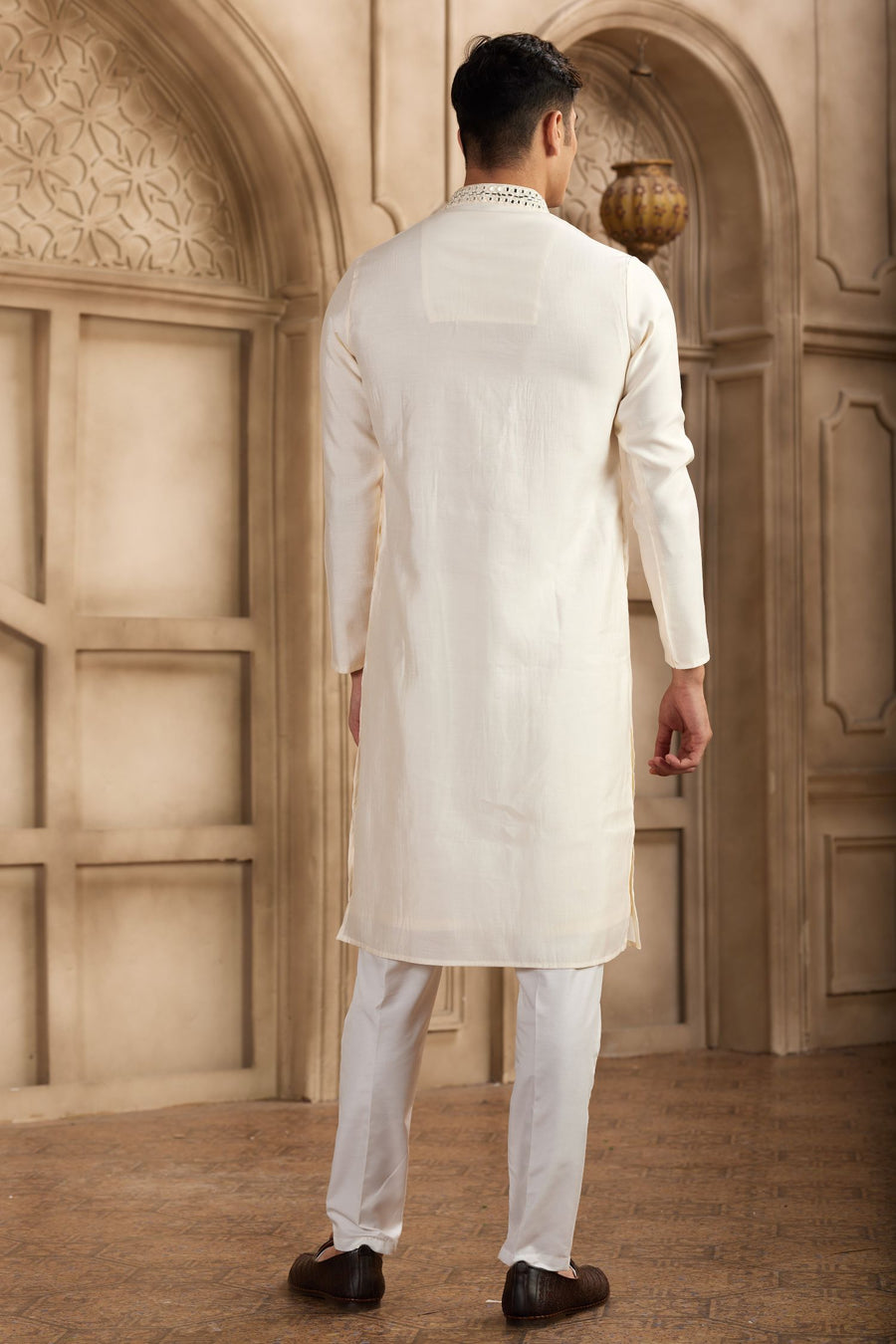 Light Cream Art Silk Kurta Pajama Clothes with Real Mirror Work