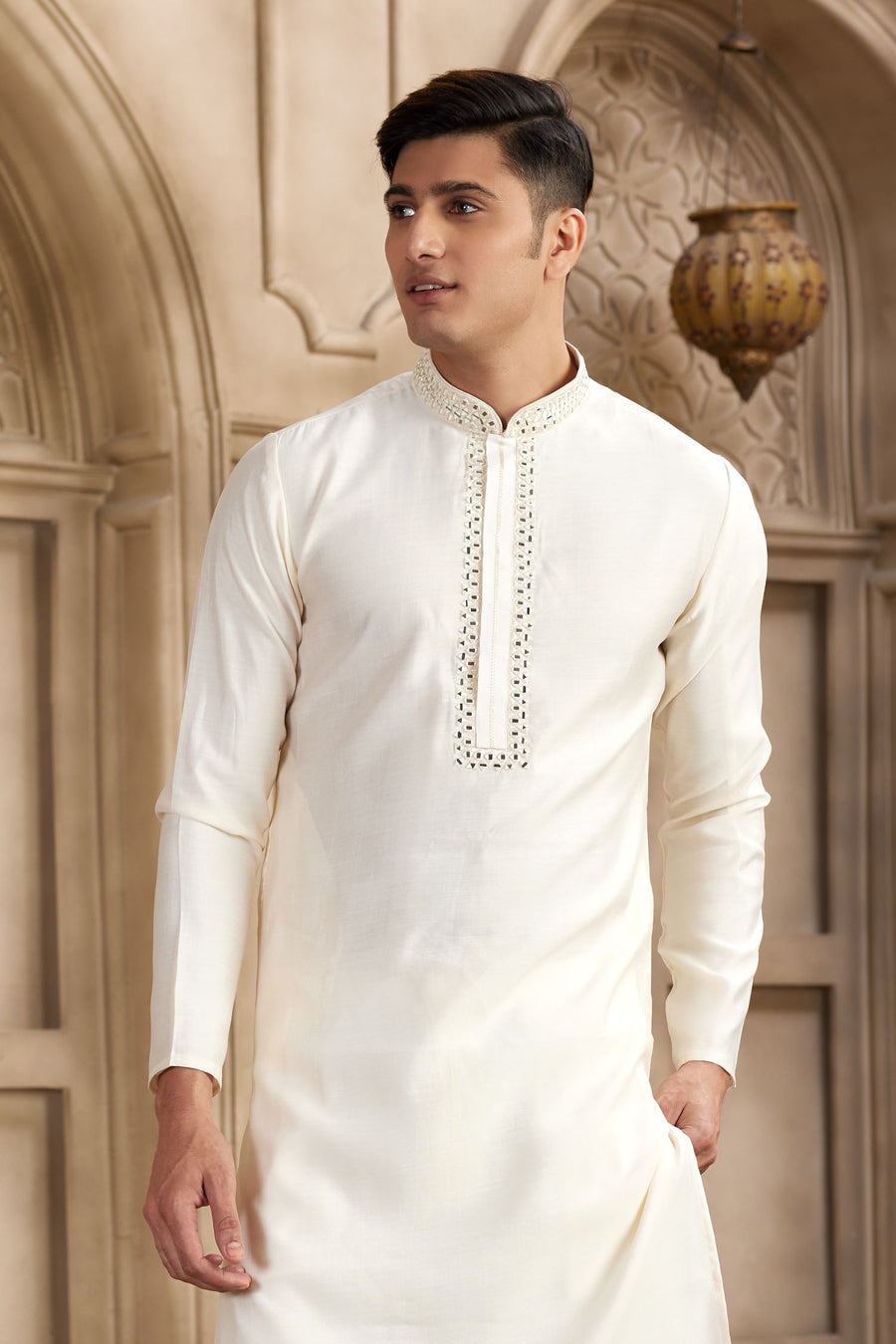 Light Cream Art Silk Kurta Pajama Clothes with Real Mirror Work