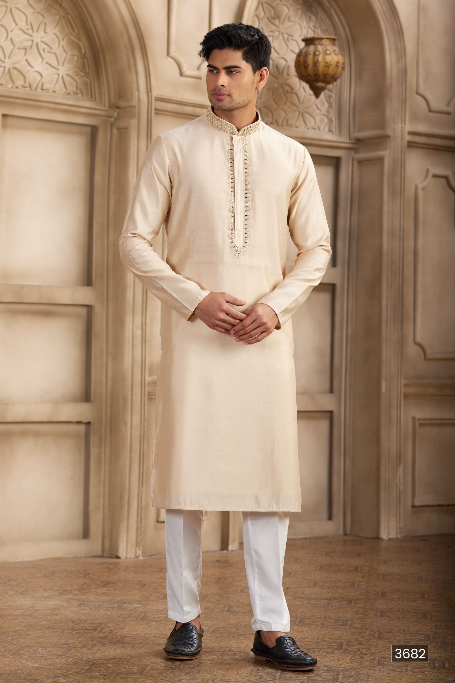 Light Orange Art Silk Kurta Pajama for Men with Real Mirror Work