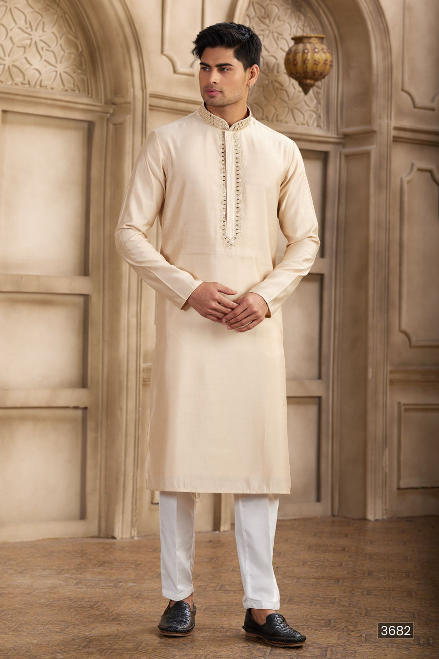 Light Orange Art Silk Kurta Pajama for Men with Real Mirror Work