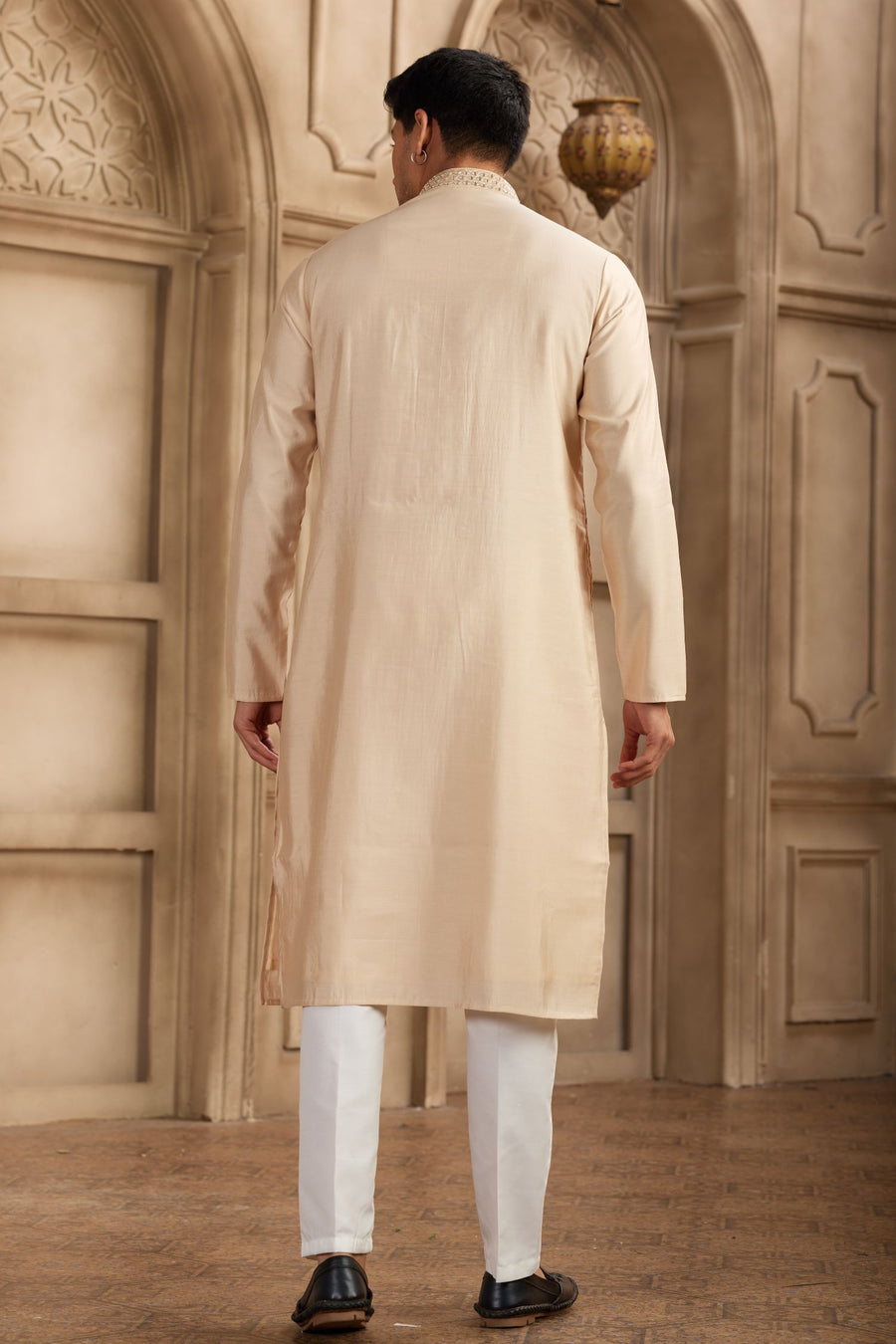 Light Orange Art Silk Kurta Pajama for Men with Real Mirror Work