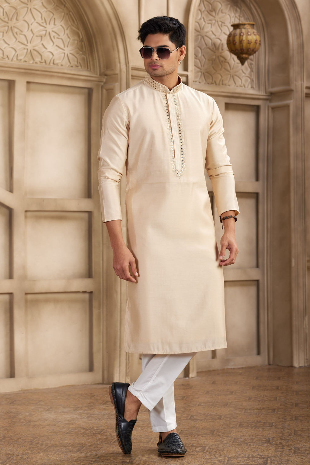 Light Orange Art Silk Kurta Pajama for Men with Real Mirror Work