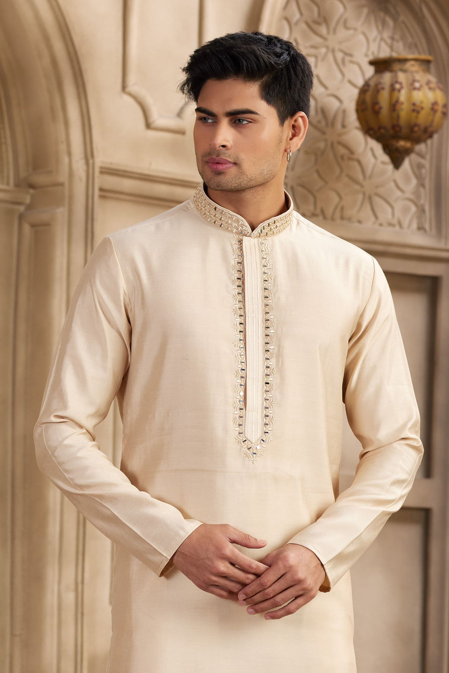 Light Orange Art Silk Kurta Pajama for Men with Real Mirror Work