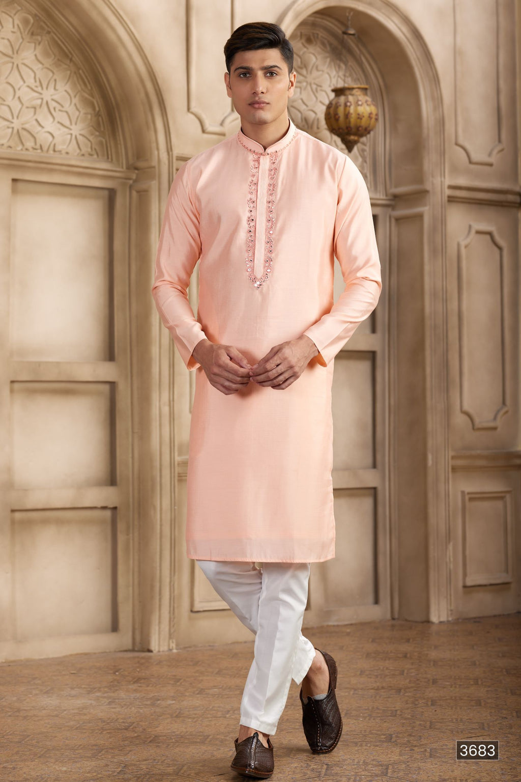 Pale Peach Art Silk Kurta and Pajama for Men with Real Mirror Work