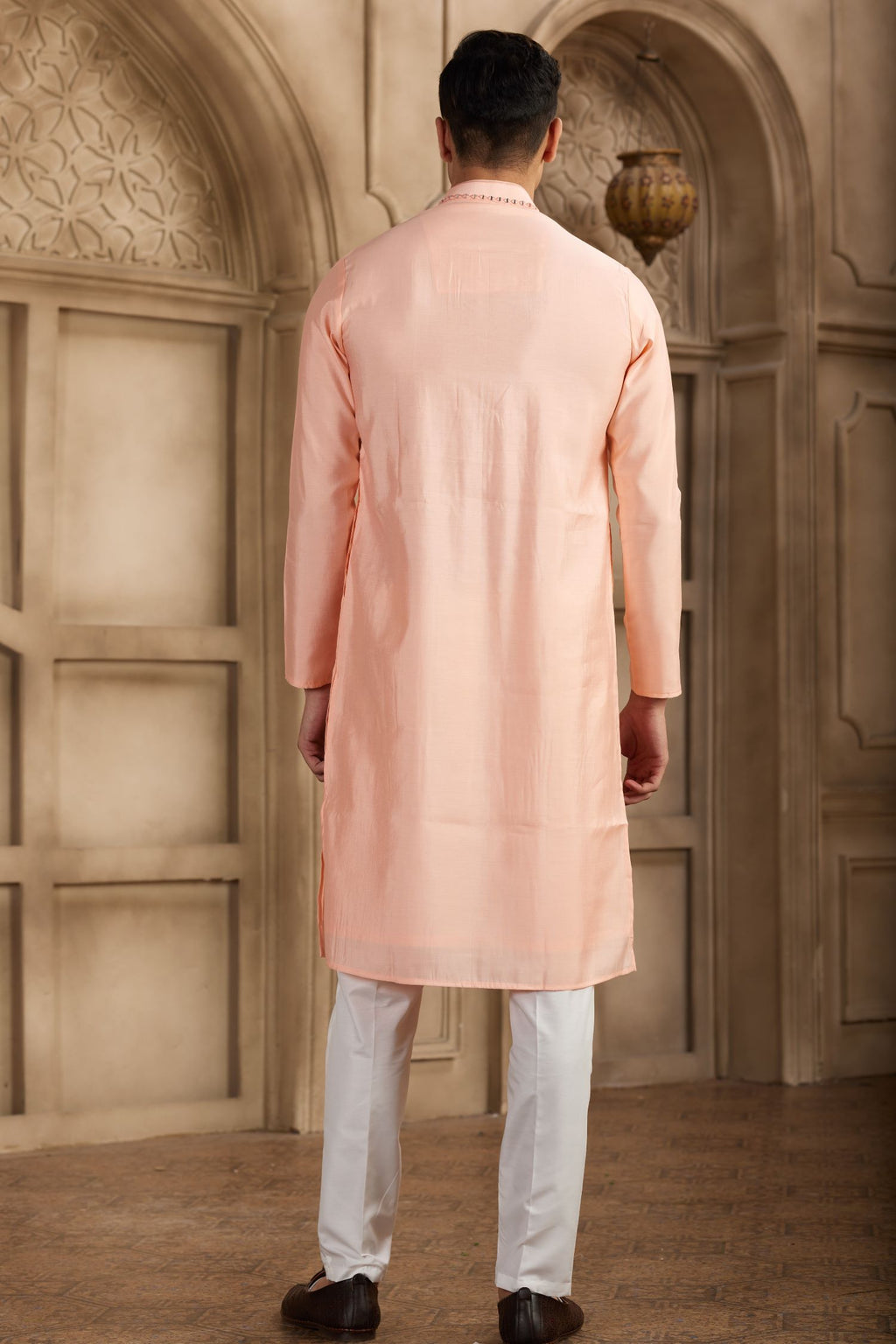 Pale Peach Art Silk Kurta and Pajama for Men with Real Mirror Work