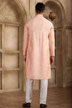 Pale Peach Art Silk Kurta and Pajama for Men with Real Mirror Work