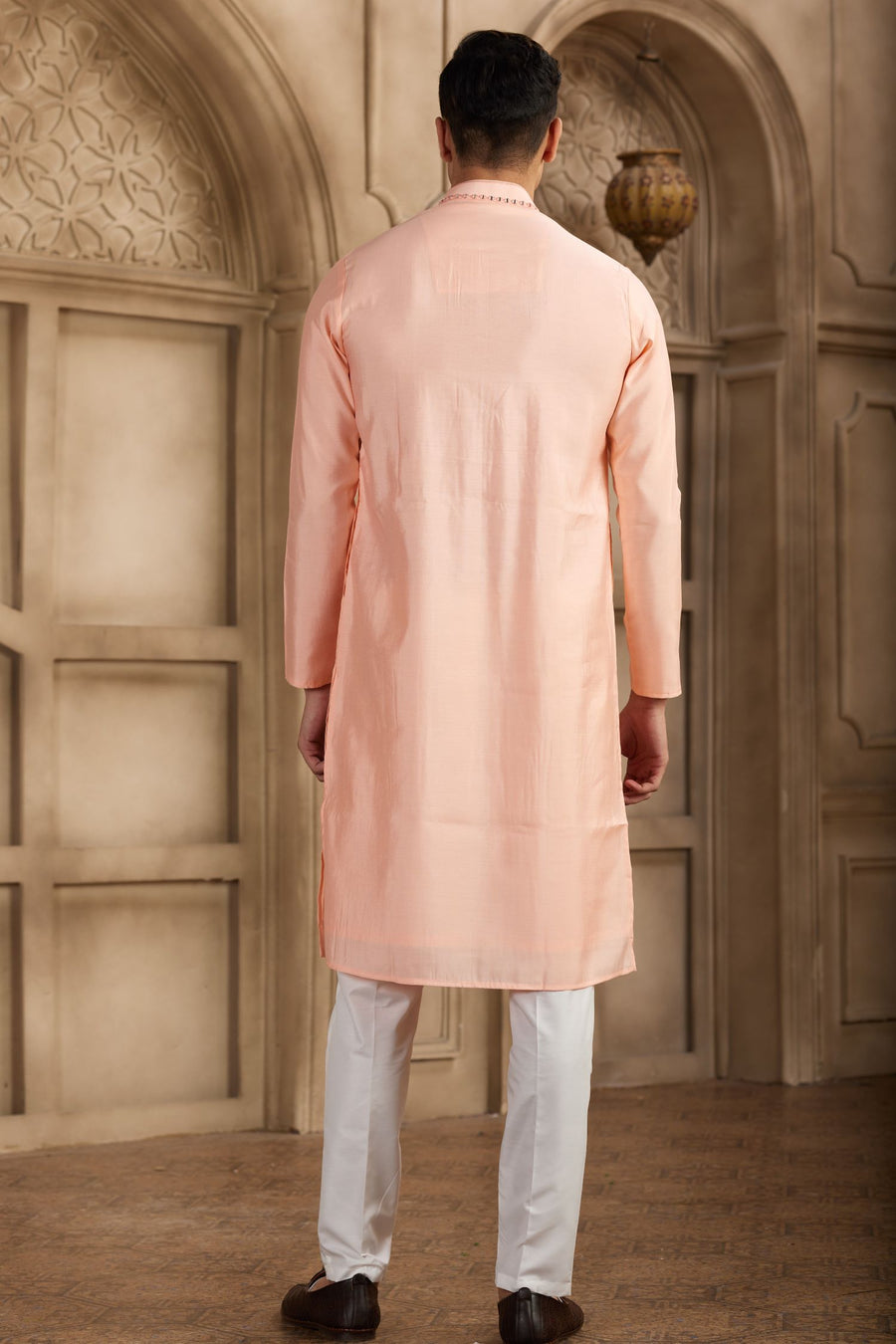 Pale Peach Art Silk Kurta and Pajama for Men with Real Mirror Work
