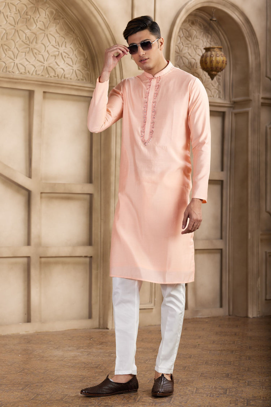 Pale Peach Art Silk Kurta and Pajama for Men with Real Mirror Work