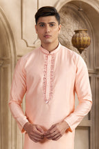 Pale Peach Art Silk Kurta and Pajama for Men with Real Mirror Work
