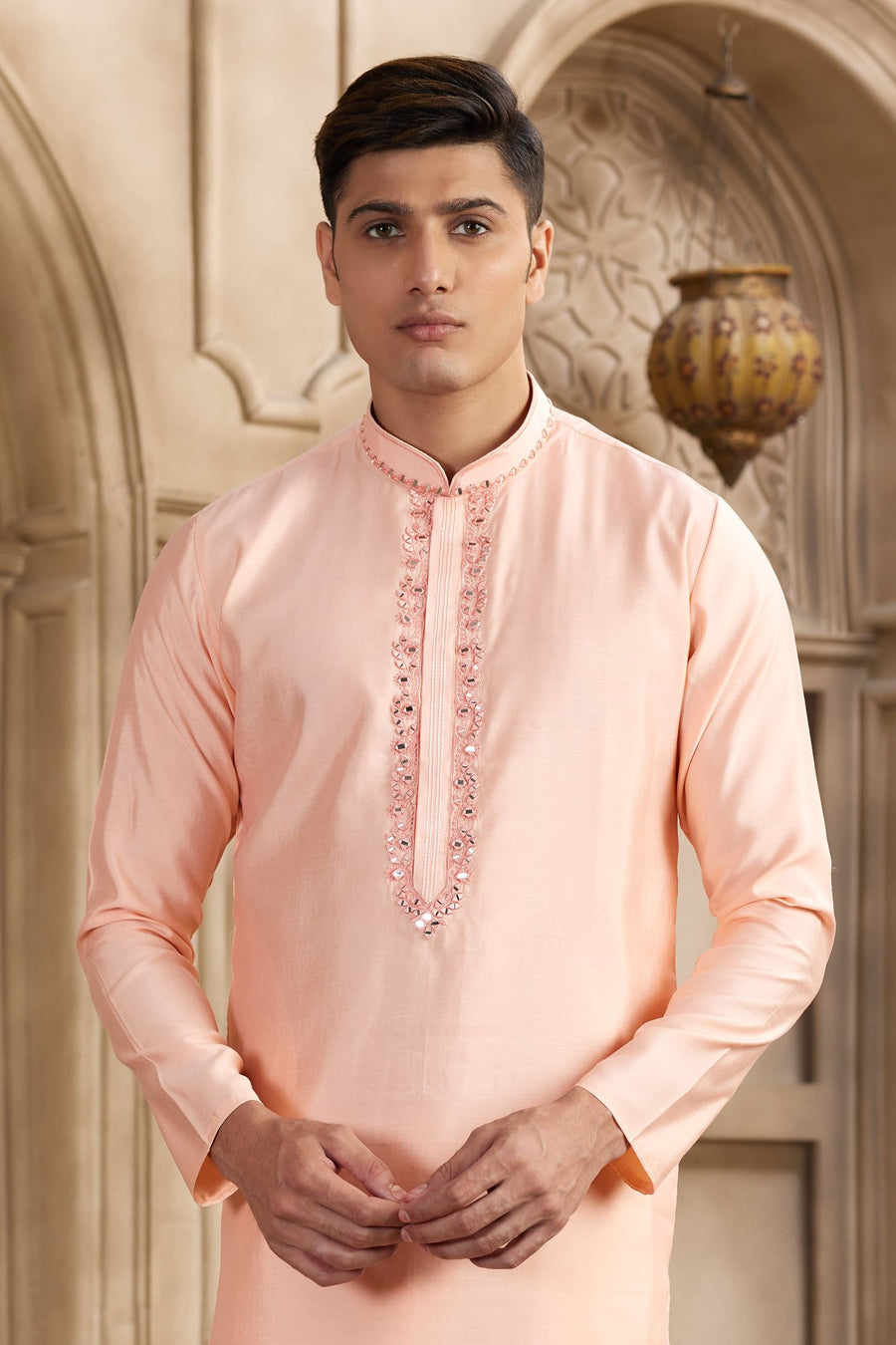 Pale Peach Art Silk Kurta and Pajama for Men with Real Mirror Work