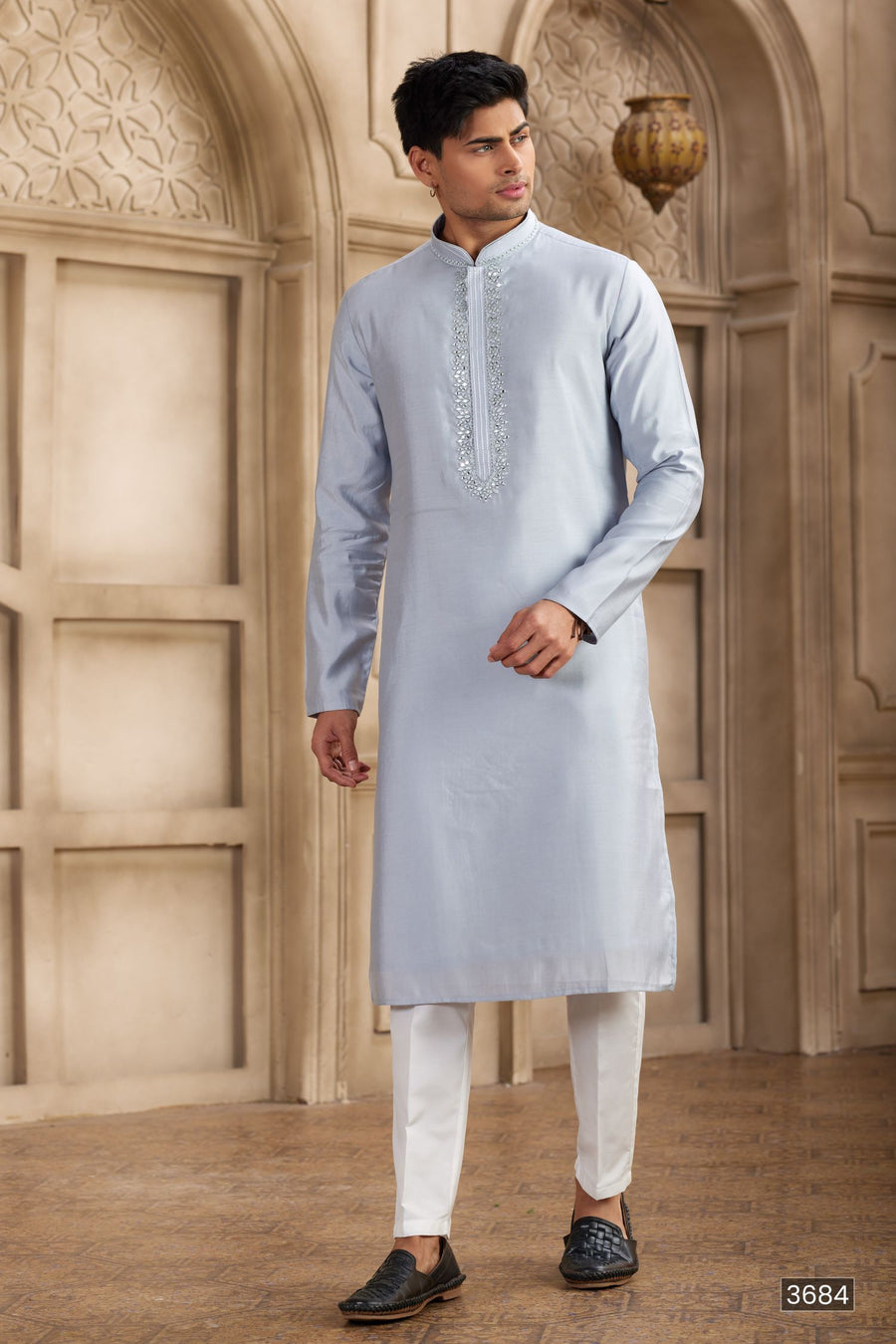 Light Sky Blue Art Silk Kurta Pajama for Male with Real Mirror Work