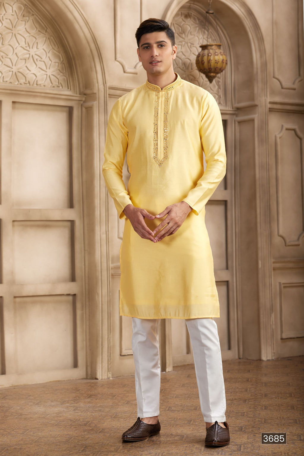 Pastel Yellow Art Silk Mens Kurta and Pajama with Real Mirror Work