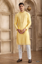 Pastel Yellow Art Silk Mens Kurta and Pajama with Real Mirror Work