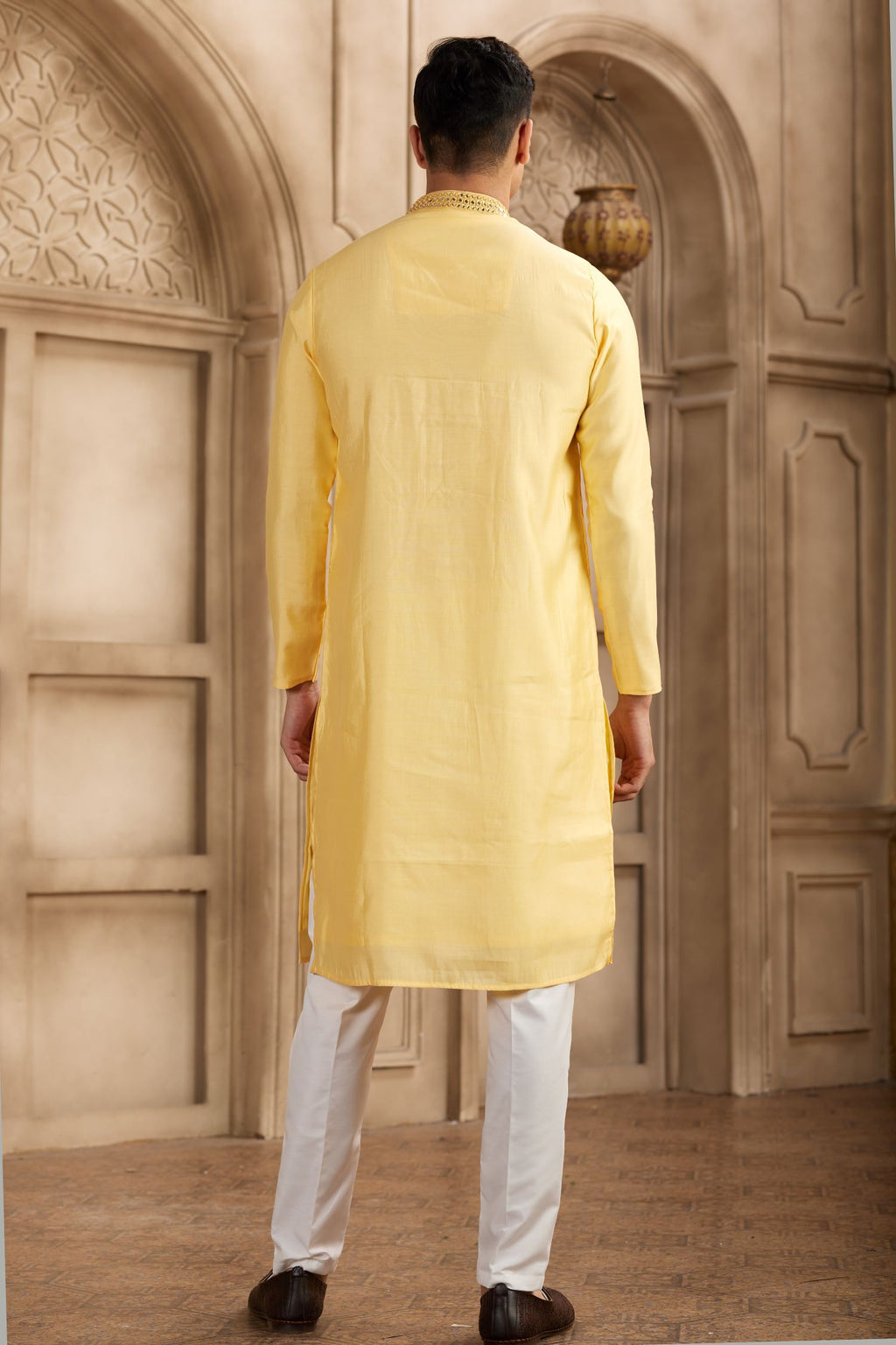 Pastel Yellow Art Silk Mens Kurta and Pajama with Real Mirror Work