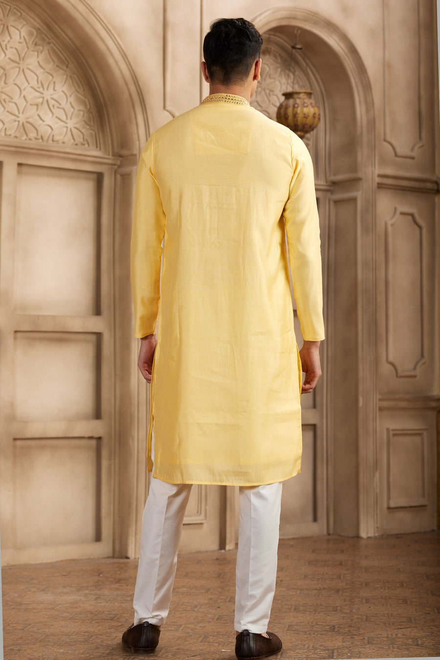 Pastel Yellow Art Silk Mens Kurta and Pajama with Real Mirror Work
