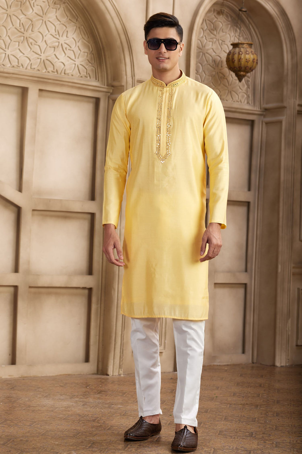 Pastel Yellow Art Silk Mens Kurta and Pajama with Real Mirror Work