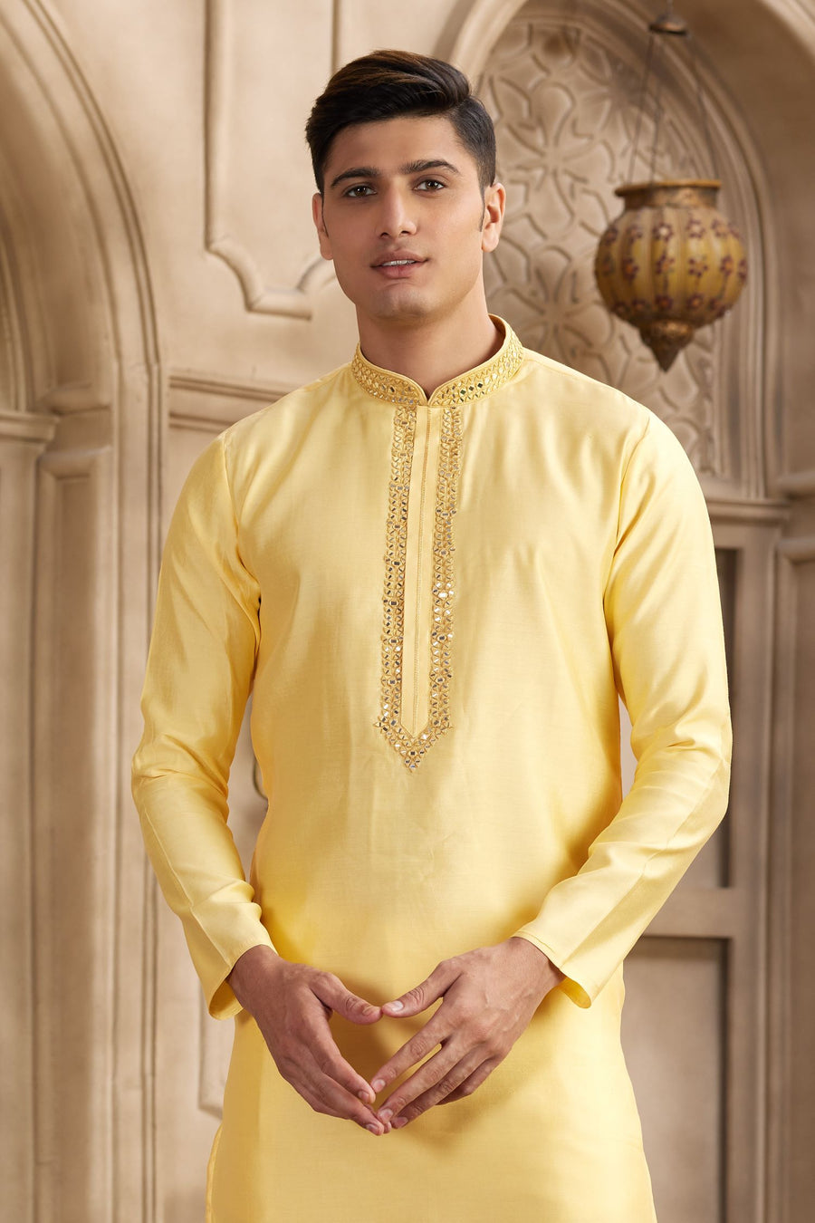 Pastel Yellow Art Silk Mens Kurta and Pajama with Real Mirror Work