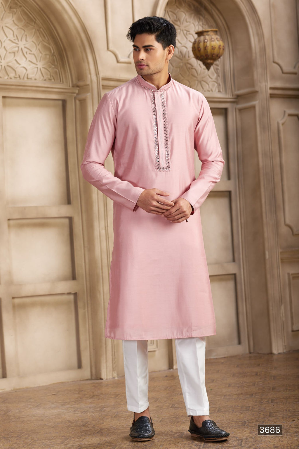 Light Baby Pink Art Silk Men's Kurta Pajama Set with Real Mirror Work