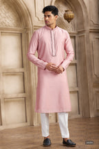Light Baby Pink Art Silk Men's Kurta Pajama Set with Real Mirror Work