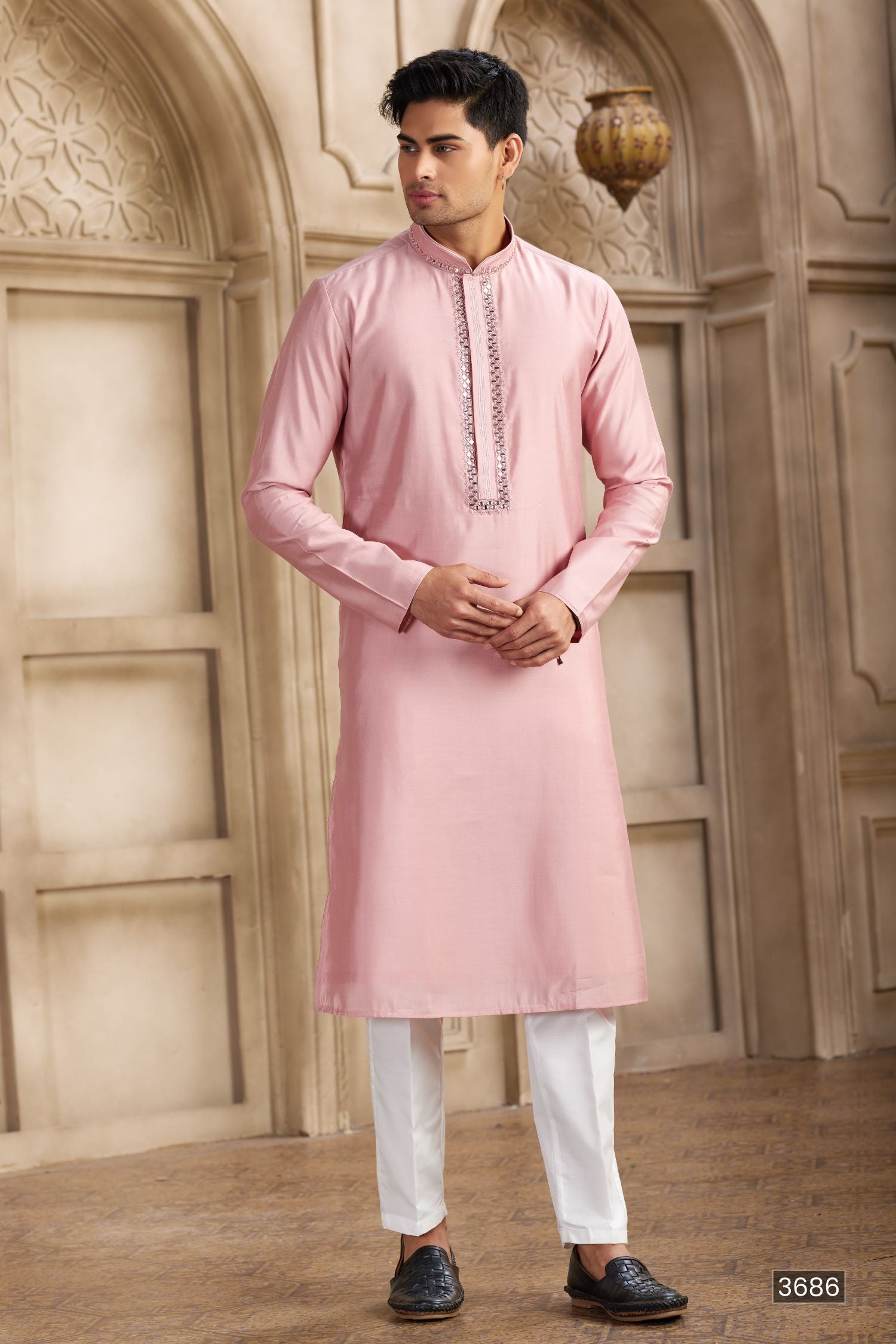 Light Baby Pink Art Silk Men's Kurta Pajama Set with Real Mirror Work