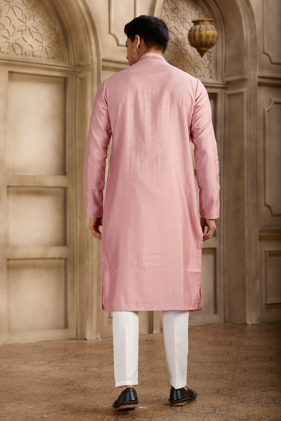 Light Baby Pink Art Silk Men's Kurta Pajama Set with Real Mirror Work