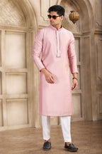 Light Baby Pink Art Silk Men's Kurta Pajama Set with Real Mirror Work
