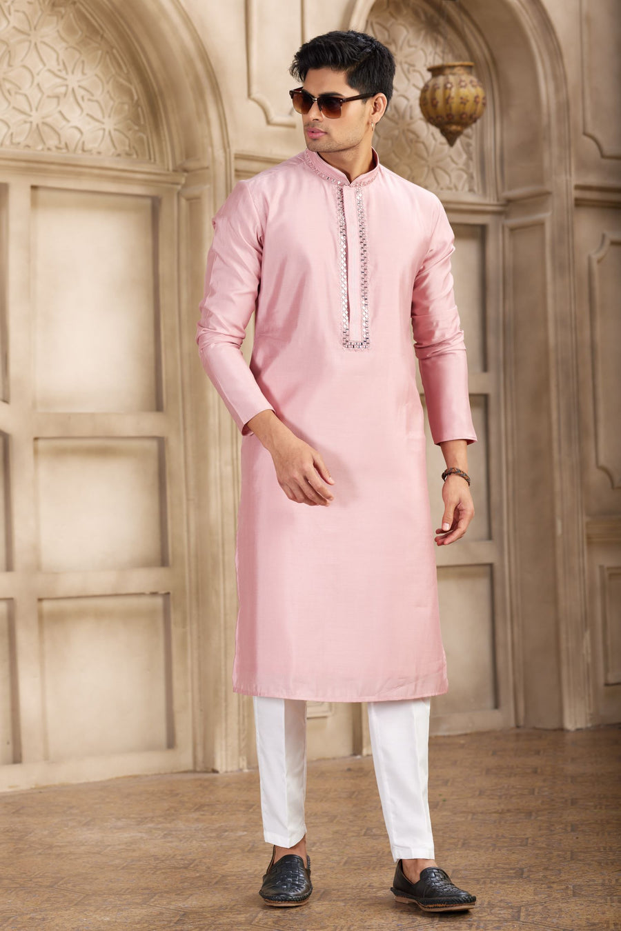 Light Baby Pink Art Silk Men's Kurta Pajama Set with Real Mirror Work